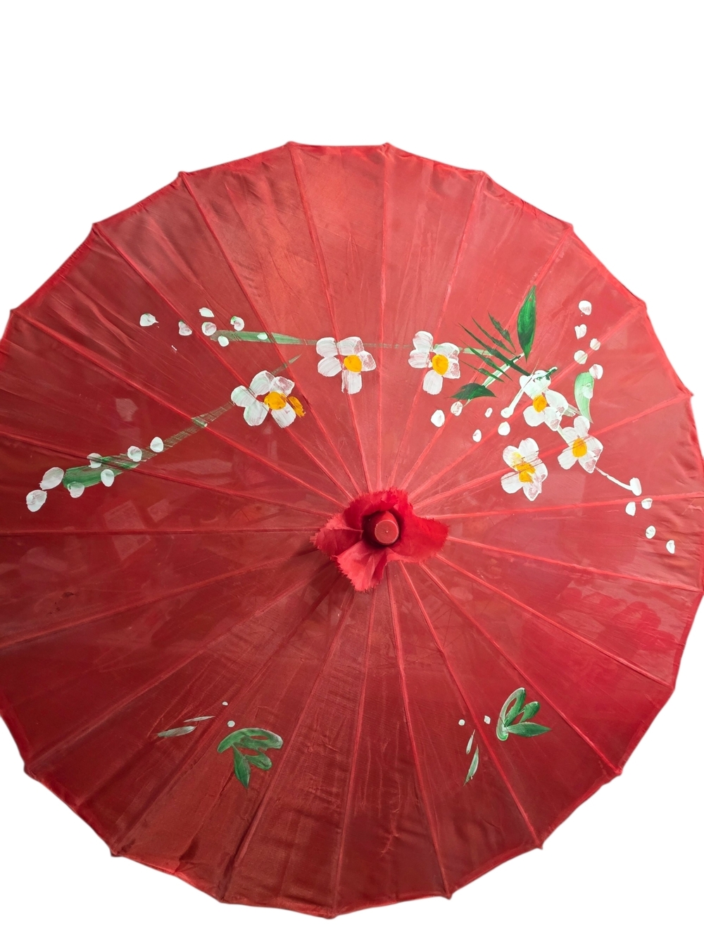 Vintage Hand Painted Red Asian Paper Parasol Umbrella Cherry Blossom Bamboo